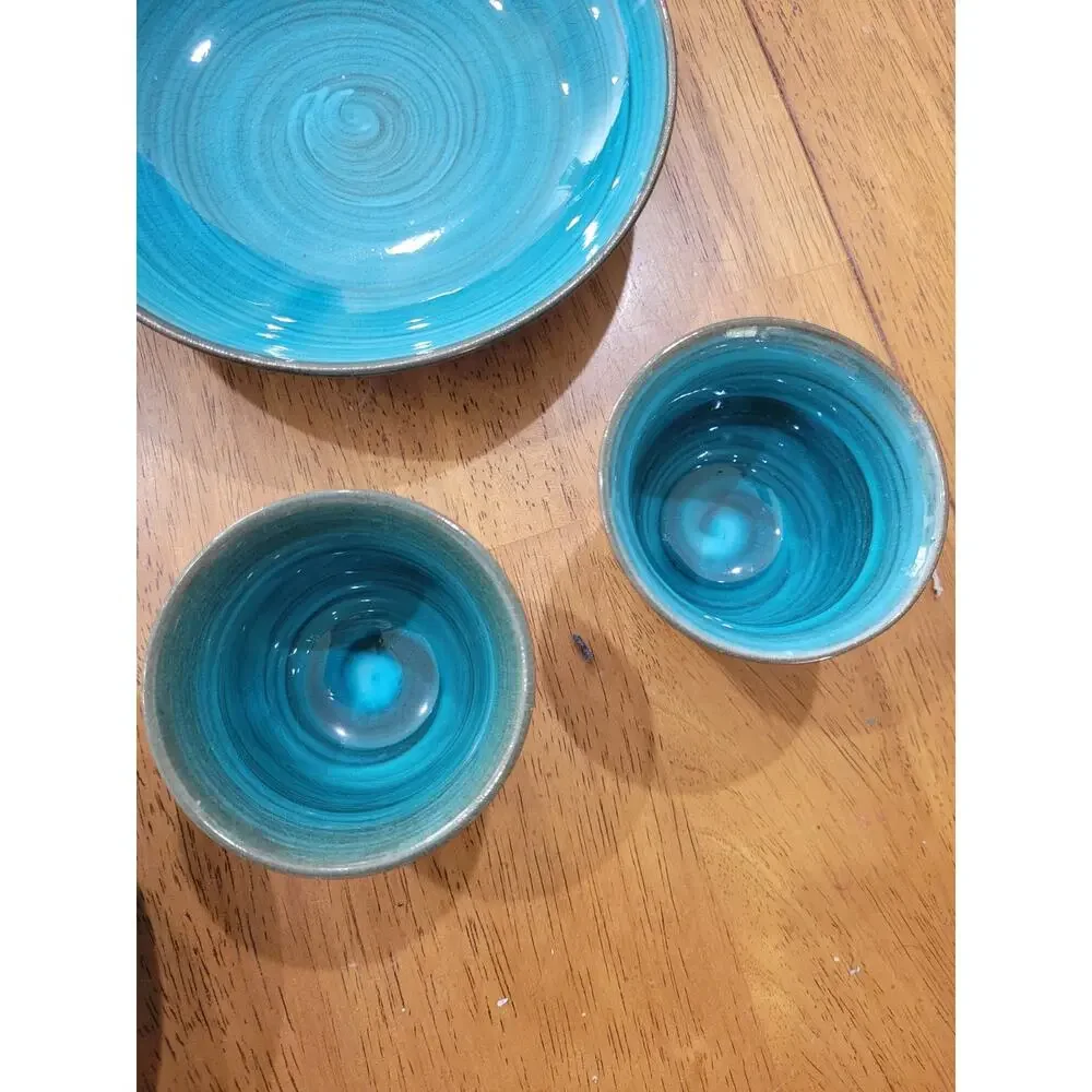 Pier 1 Japan Pottery‎ Dish Set Blue Crackle Glaze Plates Cups 4pc Set